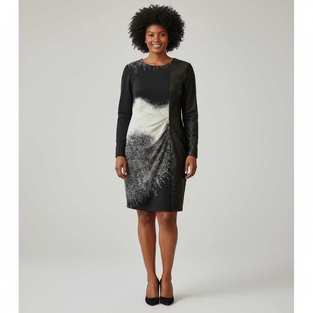 Frank Lyman Mixed Media Faux Leather Grey Black Ruched Sleeved Sheath Dress 12